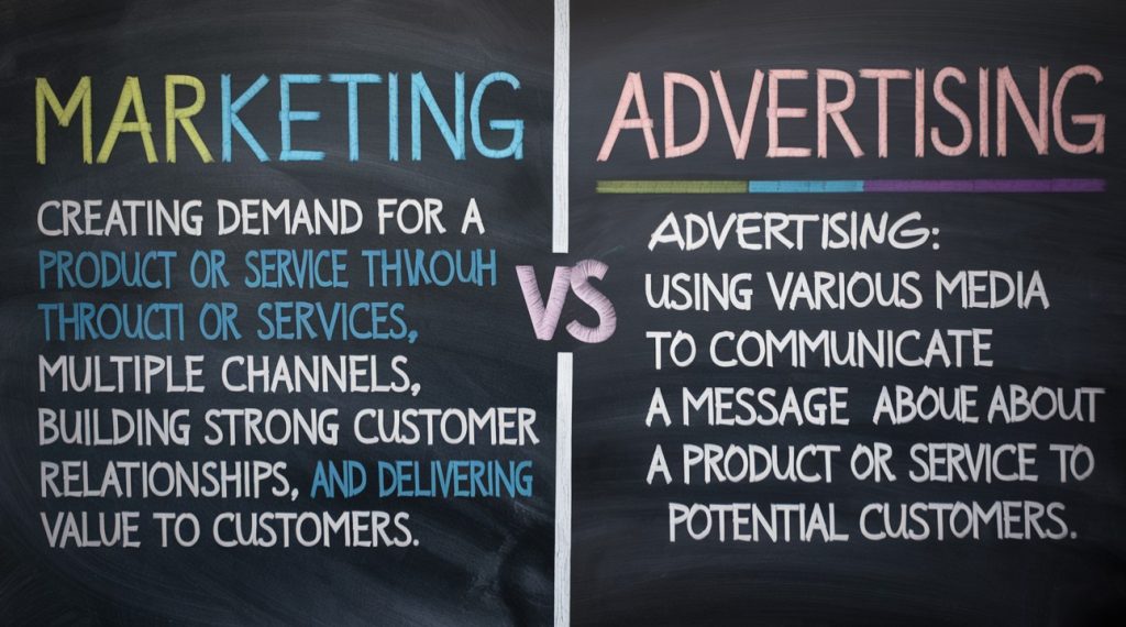 What is the difference between Marketing and Advertising?